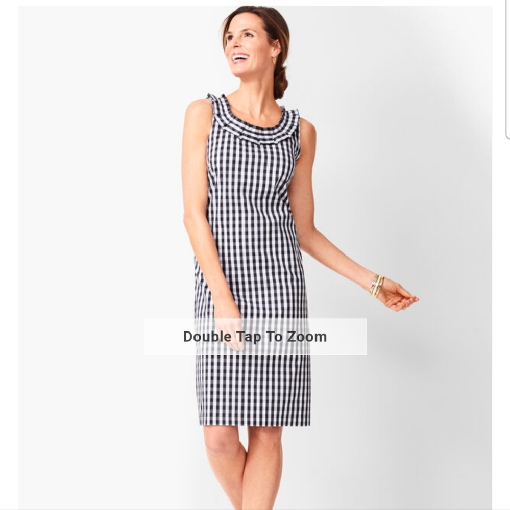 Talbots Gingham Plaid Sheath Dress Pleated Neck Sleeveless